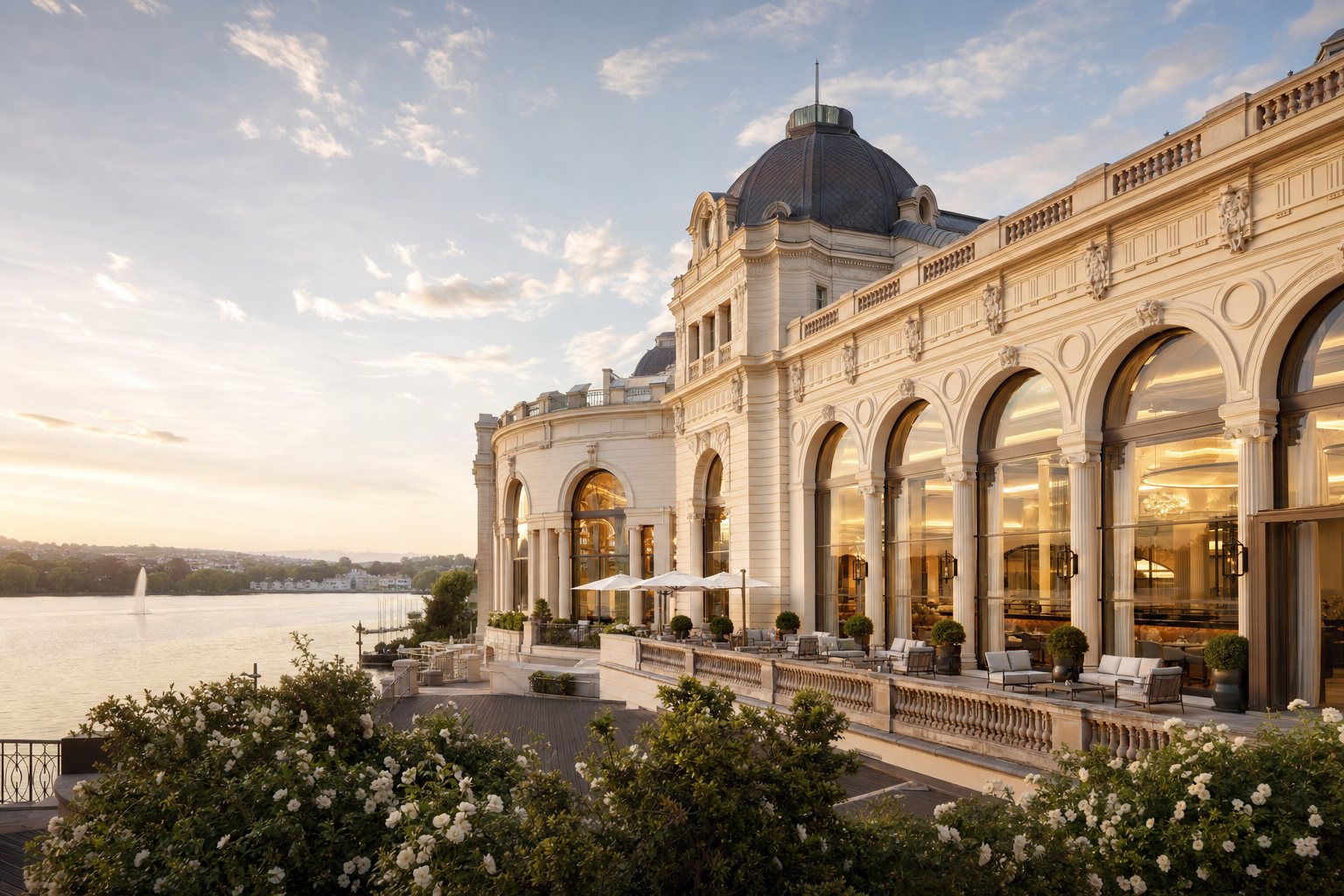 Façade du Casino du Lac au bord du lac d'Enghien